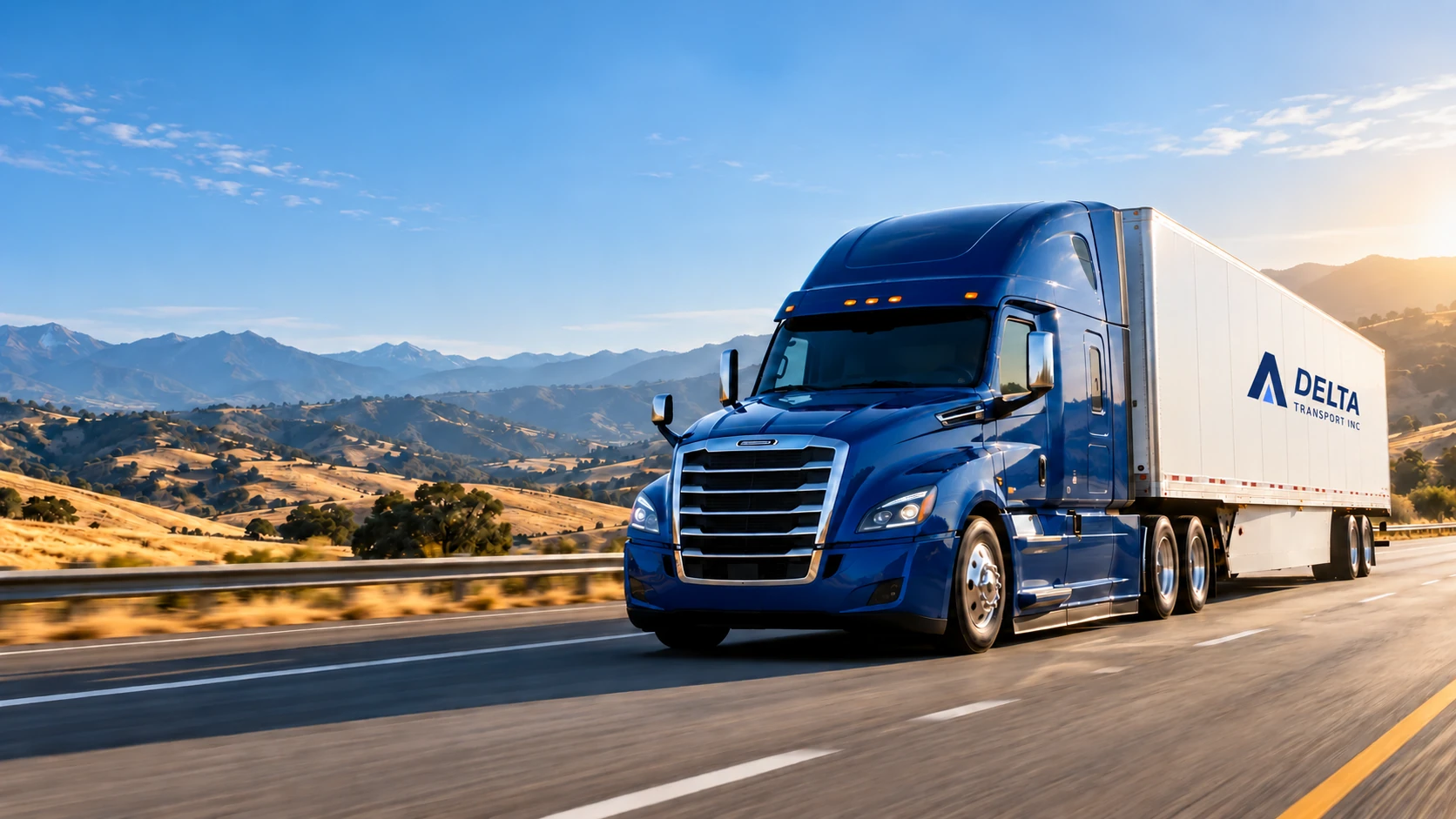 A blue semi truck hauling a white trailer with DELTA TRANSPORT INC branding on a California highway